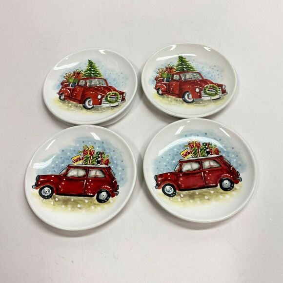 New Maxcera Christmas Side Appetizer Plates Vintage Red Truck Beatle Bug Set 4 - Picture 1 of 7